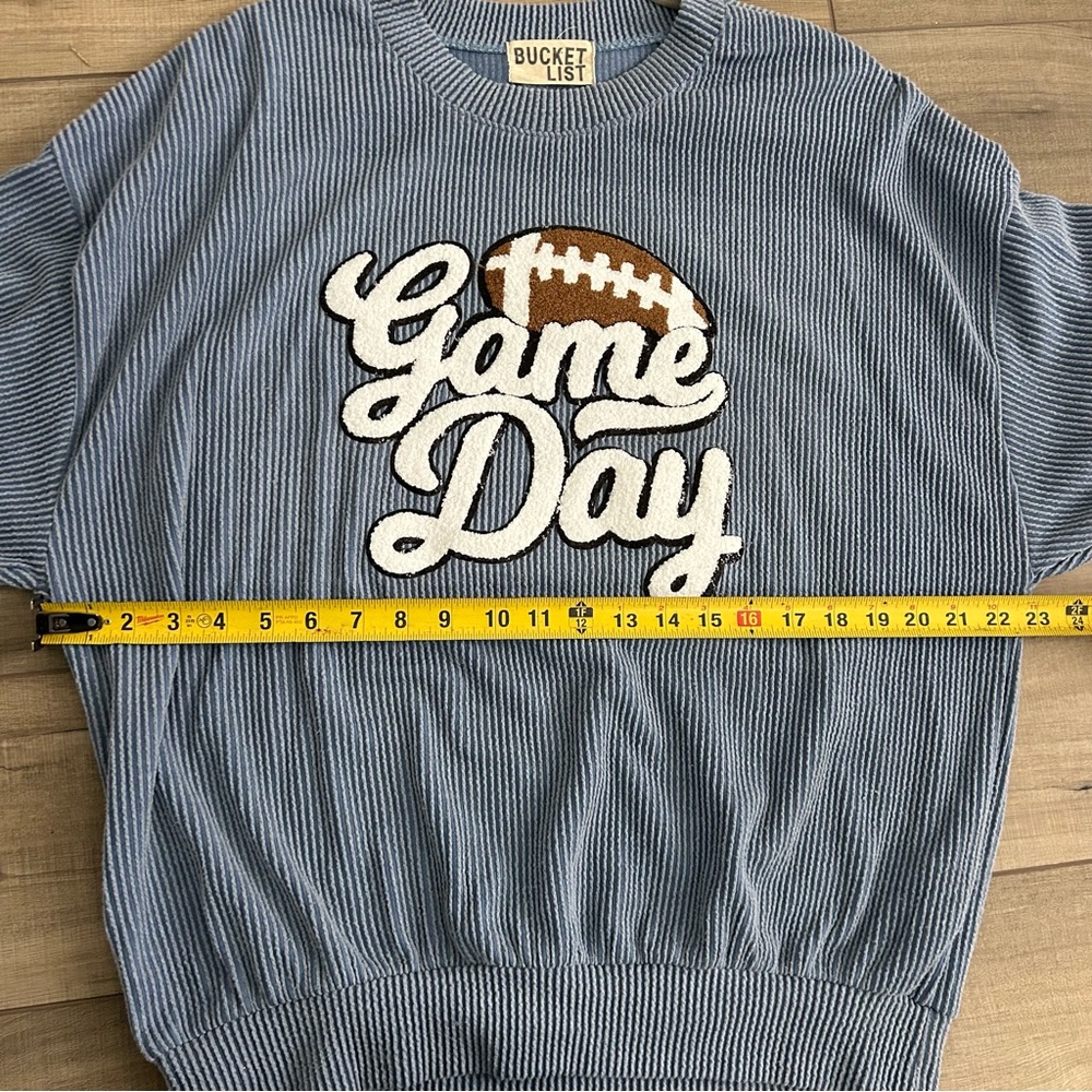 Bucket List Vintage Blue Wash Thermal Game Day Sparkle Football Pullover Sweater - Picture 8 of 9